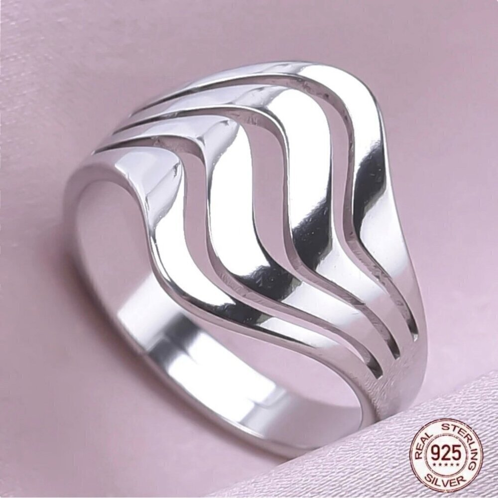 NWT S925 Sterling Silver Statement Wide Four Wave Ring Women’s Sz.8